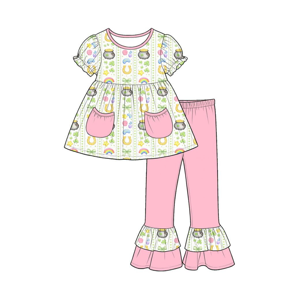 (Custom Design Preorder MOQ 5) 4 Leaf Clover Bows Pockets Tunic Top Ruffle Pants Girls St Patrick Day Clothes Set Sisters Wear