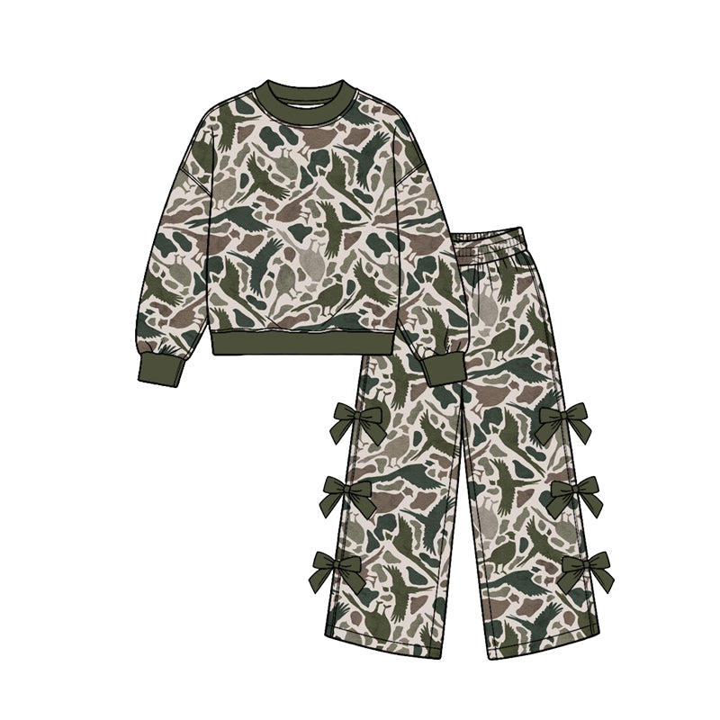 (Custom Design Preorder MOQ 5 Each) Checkered Camo Duck Print Long Sleeve Top Wide Leg Pants with Side Bows Girls Southern Clothes Set Sisters Wear