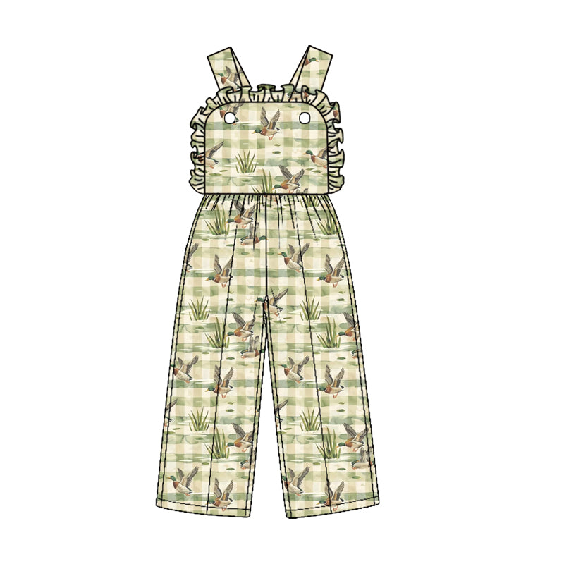 (Custom Design Preorder MOQ 5) Duck Camo Checkered Print Baby Girls Strap Jumpsuits Sisters Overall Styles Southern Sisters Wear