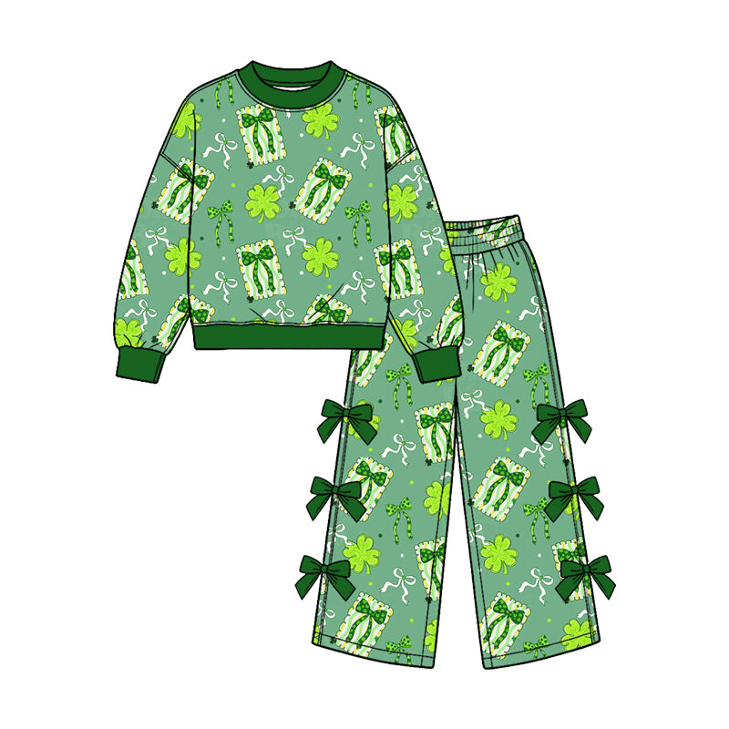(Custom Design Preorder MOQ 5 Each) Rainbow Bows Print Long Sleeve Top Wide Leg Pants with Side Bows Girls St Patrick Day Clothes Set Sisters Wear