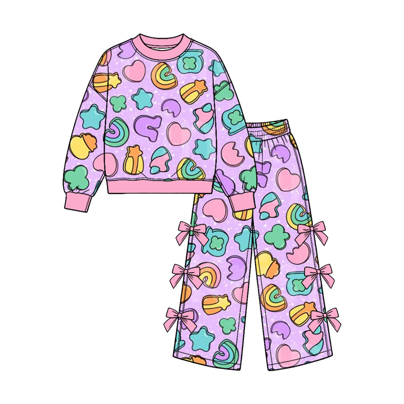 (Custom Design Preorder MOQ 5 Each) Rainbow Bows Print Long Sleeve Top Wide Leg Pants with Side Bows Girls St Patrick Day Clothes Set Sisters Wear