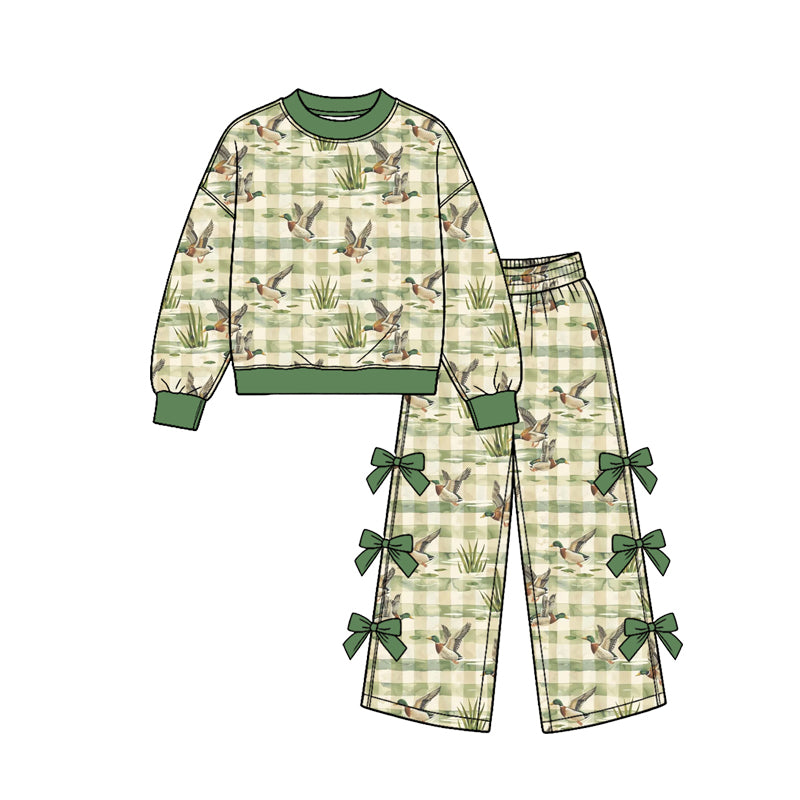 (Custom Design Preorder MOQ 5 Each) Checkered Camo Duck Print Long Sleeve Top Wide Leg Pants with Side Bows Girls Southern Clothes Set Sisters Wear