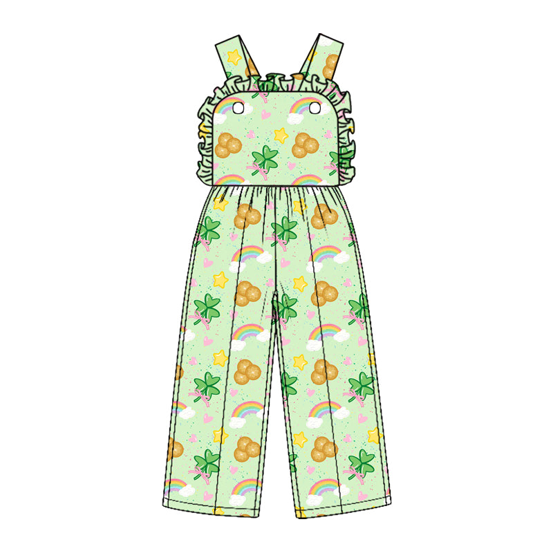(Custom Design Preorder MOQ 5) Rainbow Bows Print Baby Girls Strap Jumpsuits St Patrick Day Overall Styles Sisters Wear