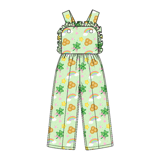 (Custom Design Preorder MOQ 5) Rainbow Bows Print Baby Girls Strap Jumpsuits St Patrick Day Overall Styles Sisters Wear