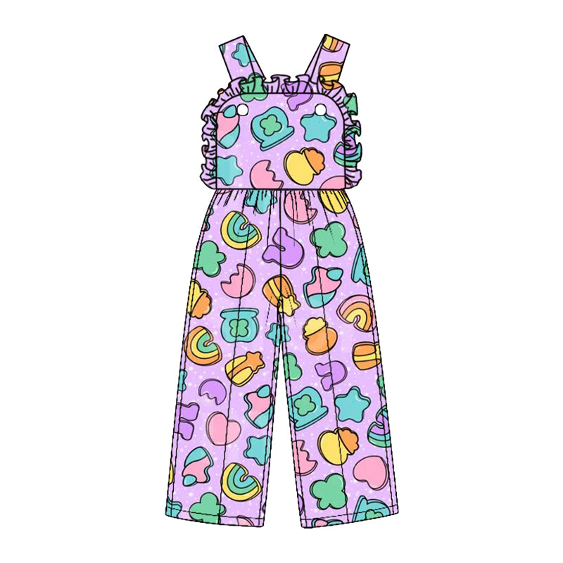 (Custom Design Preorder MOQ 5) Rainbow Bows Print Baby Girls Strap Jumpsuits St Patrick Day Overall Styles Sisters Wear