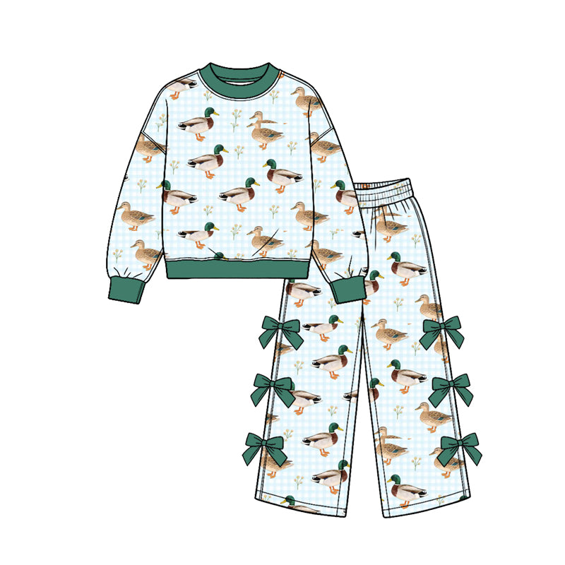 (Custom Design Preorder MOQ 5 Each) Checkered Camo Duck Print Long Sleeve Top Wide Leg Pants with Side Bows Girls Southern Clothes Set Sisters Wear