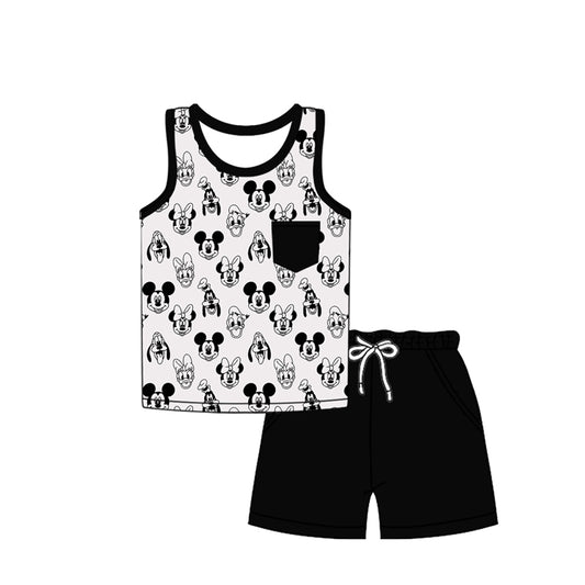 (Custom Design Preorder MOQ 5)  Cartoon Mouse Vest Top Black Shorts Baby Boys Summer Outfits