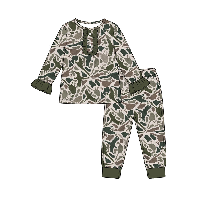 (Custom Design Preorder MOQ 5 Each) Checkered Camo Duck Print Girls Southern Pajamas Clothes Set Sisters Wear