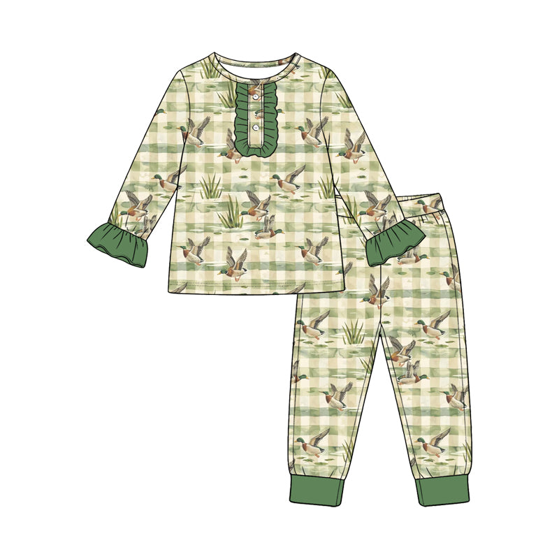 (Custom Design Preorder MOQ 5 Each) Checkered Camo Duck Print Girls Southern Pajamas Clothes Set Sisters Wear