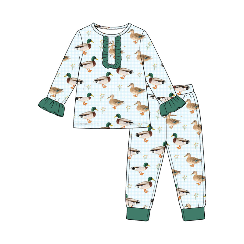 (Custom Design Preorder MOQ 5 Each) Checkered Camo Duck Print Girls Southern Pajamas Clothes Set Sisters Wear