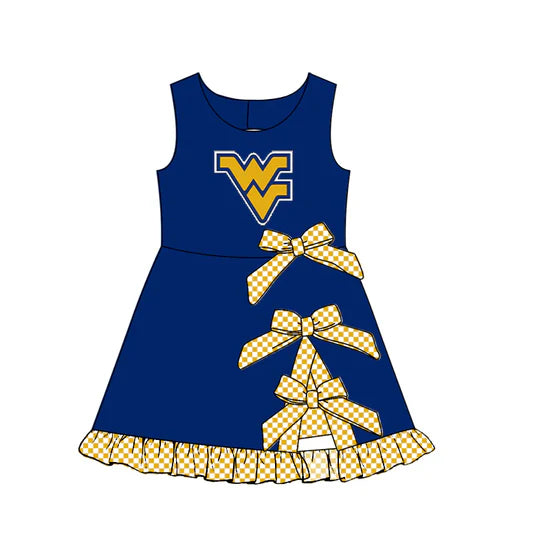 (Custom  Preorder MOQ 5) Baby Girls Sleeveless Navy WV  Bows Ruffle Team Knee Length Dresses