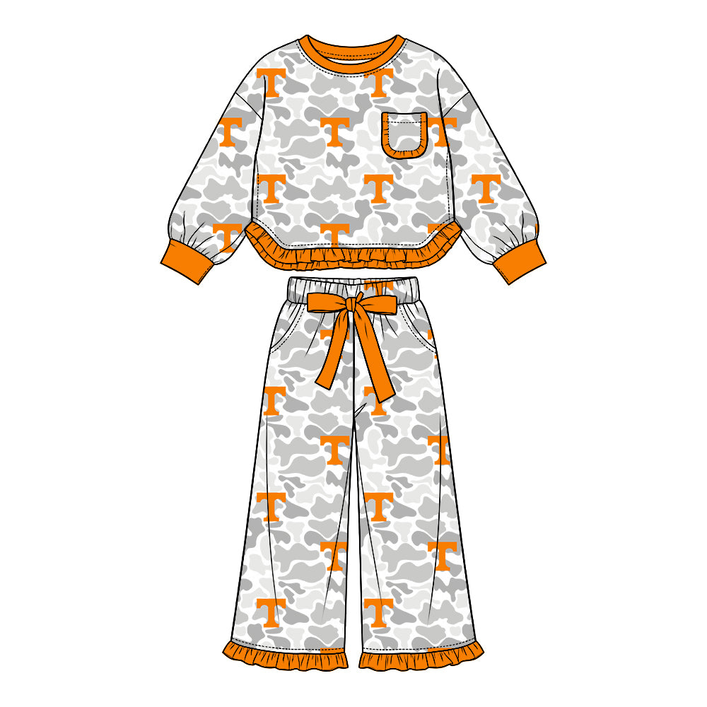 (Custom Design Preorder MOQ 5 Each)Teams Logo Camo Print Long Sleeve Top Pockets Pants Girls Clothes Set Sisters Wear