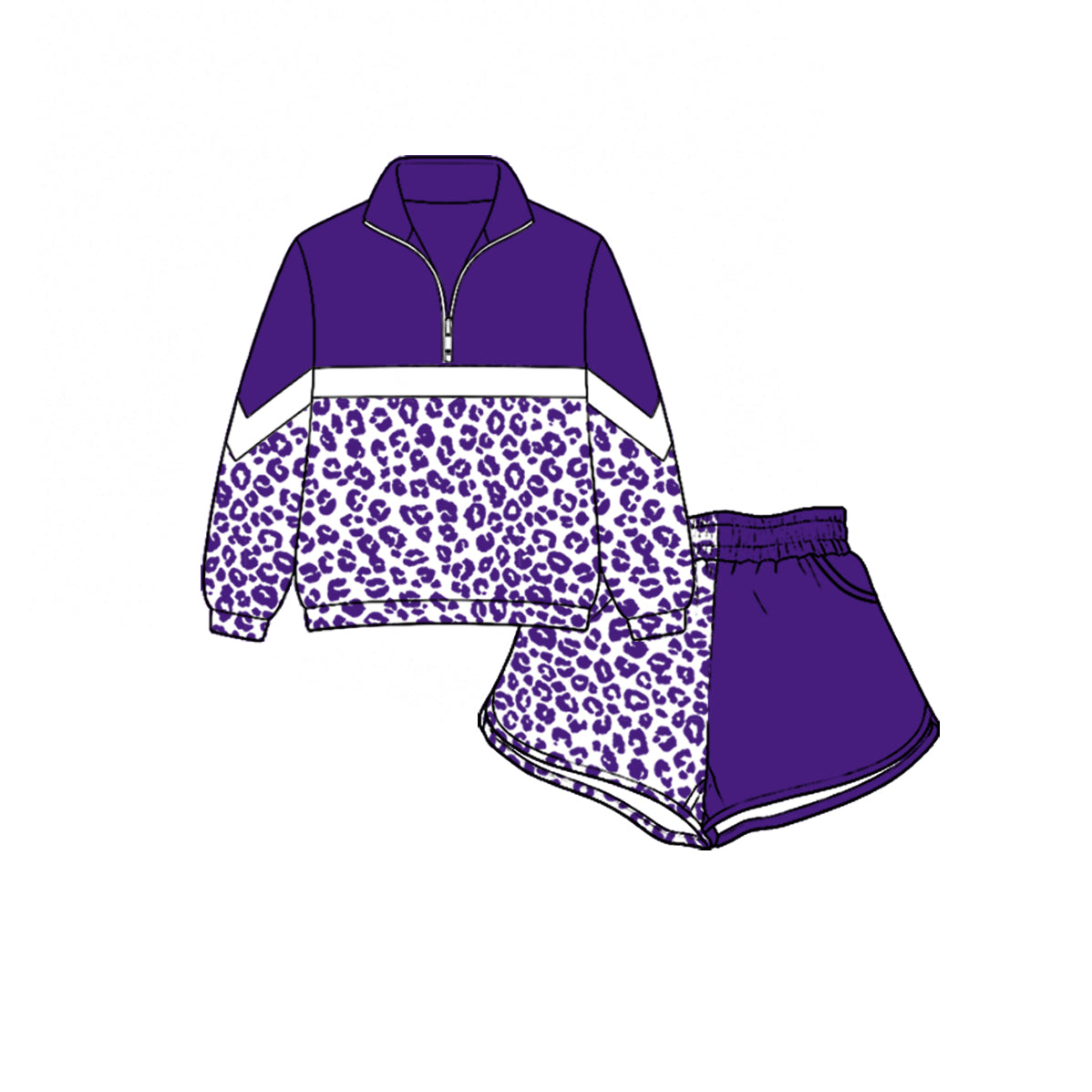 (Custom Design Preorder MOQ 5) Teams Purple Leopard Zipper Pullover Top Split Shorts Girls Kids Clothes Set