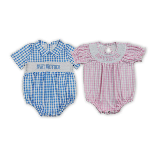 Baby Brother Baby Sister Siblinbg Gingham Smocked Bubble Romper