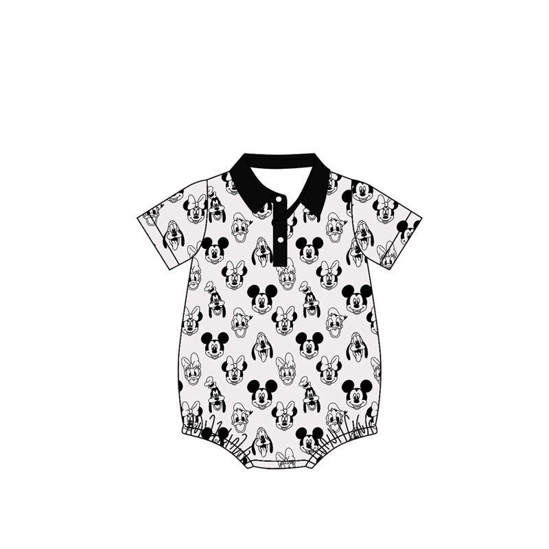 (Custom Design Preorder MOQ 5 ) Cartoon Mouse Print Baby Polo Bodysuit - Short Sleeve Infant Onesie