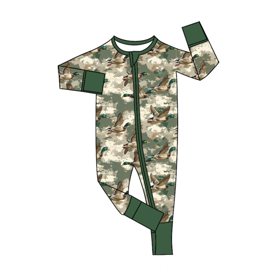 (Custom Design Preorder MOQ 5 ) Mallard Duck Print Baby Fall Zipper Sleeper Romper Sibling Wear