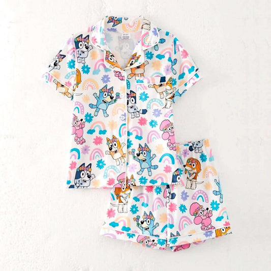 (Custom Design Preorder MOQ 5) Cartoon Dog Flowers Print Girls Summer Button Pajamas Outfits