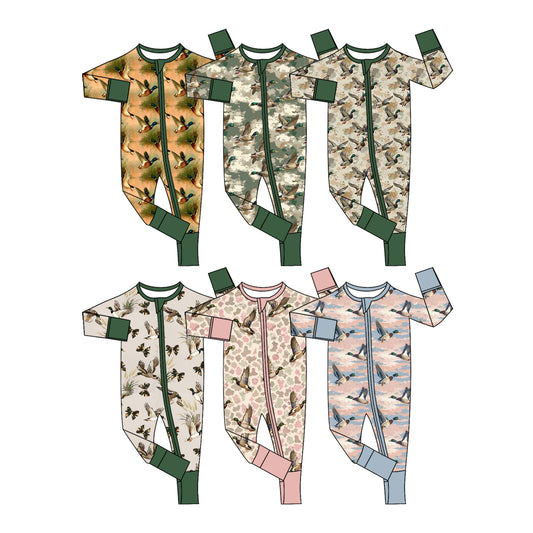 (Custom Design Preorder MOQ 5 ) Mallard Duck Print Baby Fall Zipper Sleeper Romper Sibling Wear