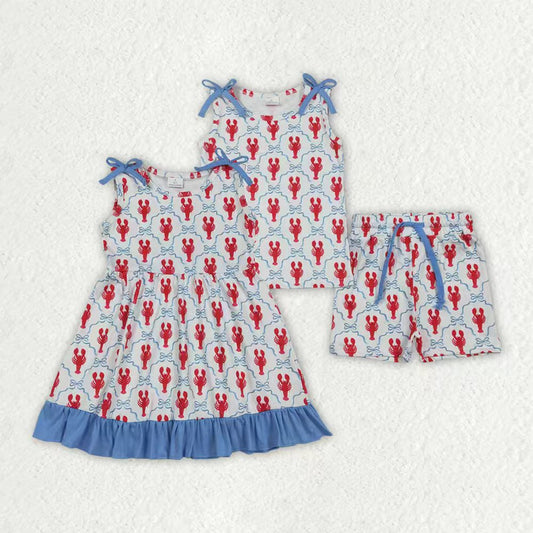 Sibling Baby Girls Bows Crayfishes Checked Shorts Clothes Set Ruffle Knee Length Dresses