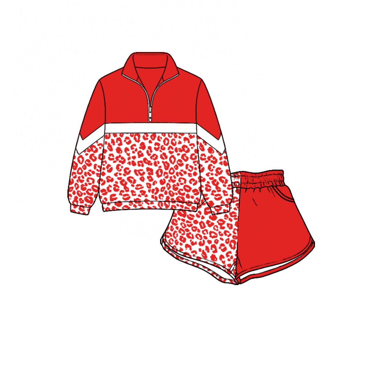 (Custom Design Preorder MOQ 5) Teams Red Leopard Zipper Pullover Top Split Shorts Girls Kids Clothes Set