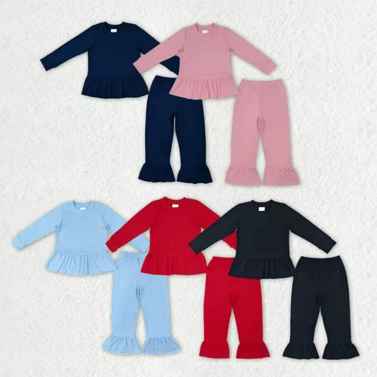 Sibling Kids Girls  Solid Color Long Sleeve Tunic Top Ruffle Pants Outfit