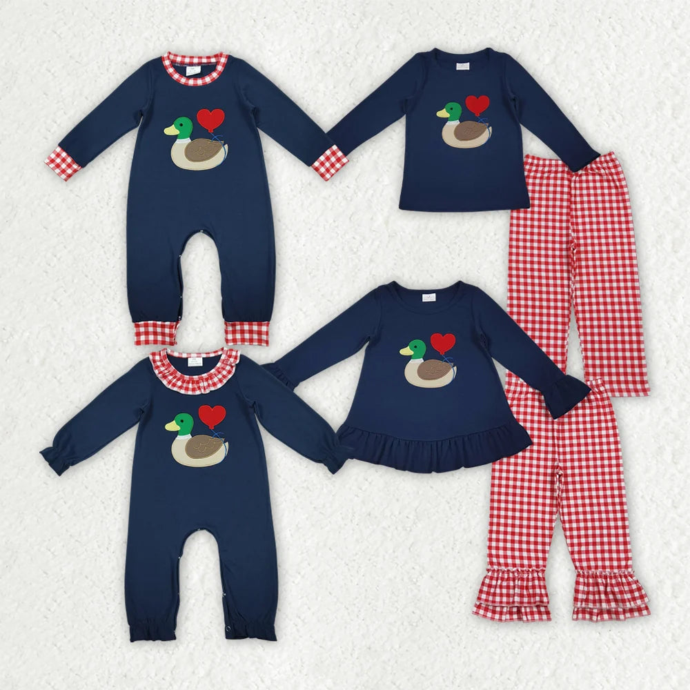 Sibling Baby Girls Boys Embroidery Duck Heart Navy Top Red Gingham Pants Set Footie Romper