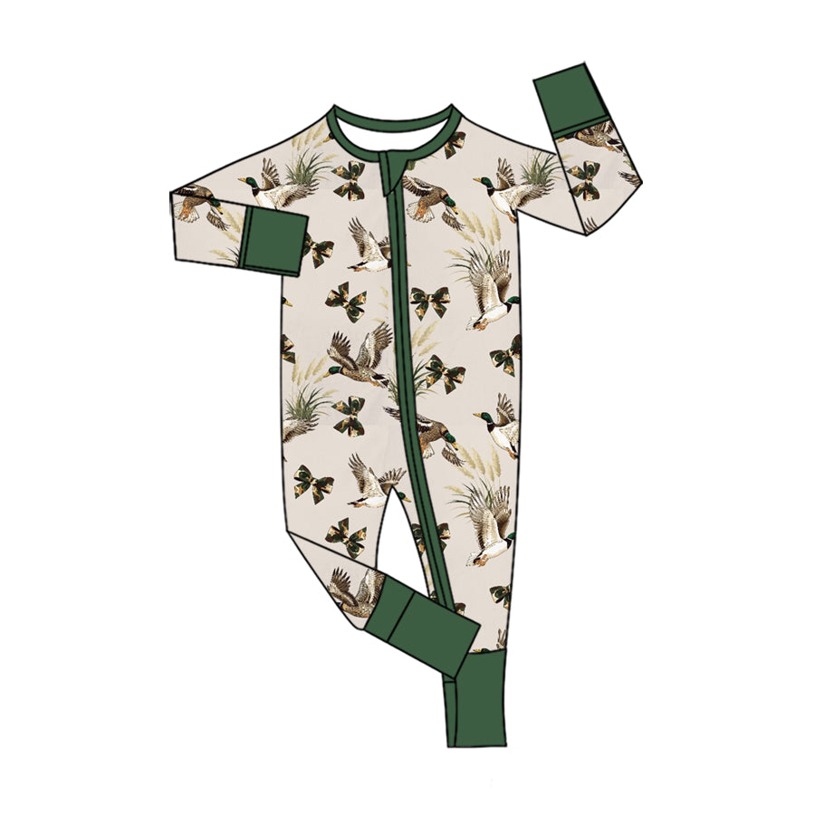 (Custom Design Preorder MOQ 5 ) Mallard Duck Print Baby Fall Zipper Sleeper Romper Sibling Wear