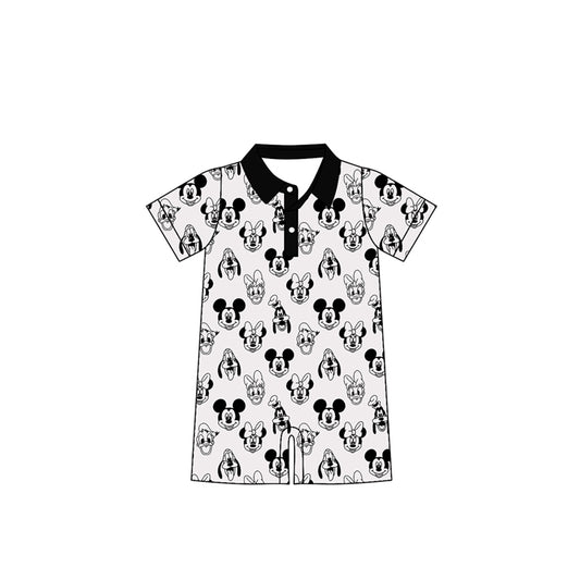 (Custom Design Preorder MOQ 5 ) Cartoon Mouse Print Infant Polo Romper - Short Sleeve Baby Playsuit with Snap Closure