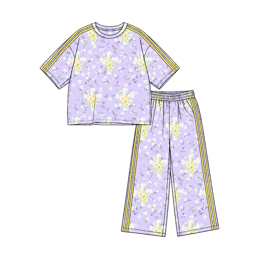 (Custom Design Preorder MOQ 5)  Small Flowers Cross Print Straight Pockets Pants Girls Easter Clothes Set