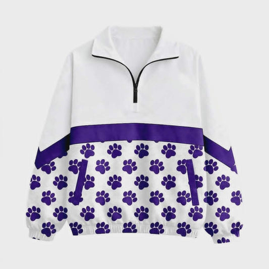 (Custom Design Preorder MOQ 5)  Wildcats Purple Paw Print Girls & Women Sports Team Long Sleeve Zipper Pullover Top