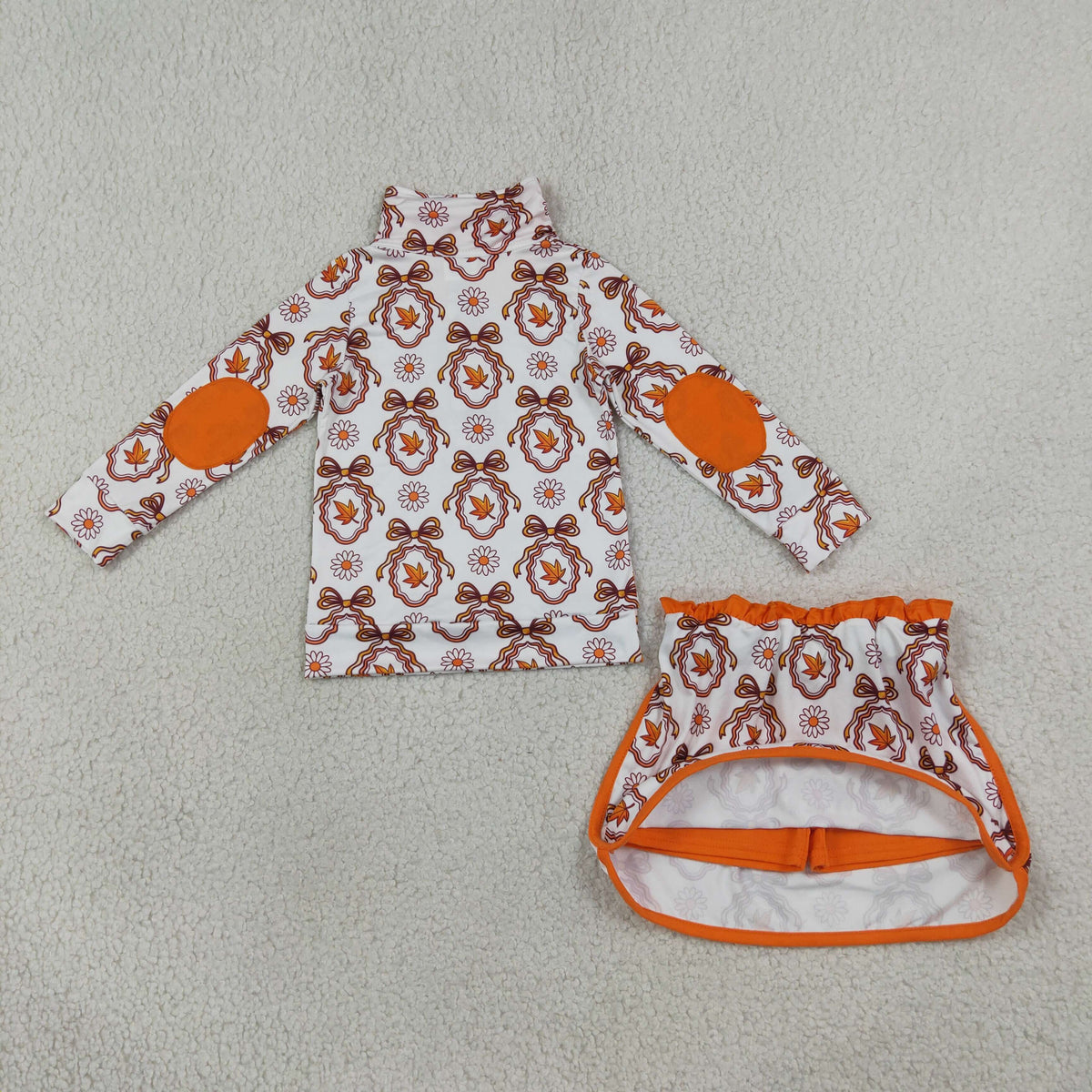GLD1602 Leaf Flowers Bows Zipper Pullover Top Skort Girls Fall Clothes Set