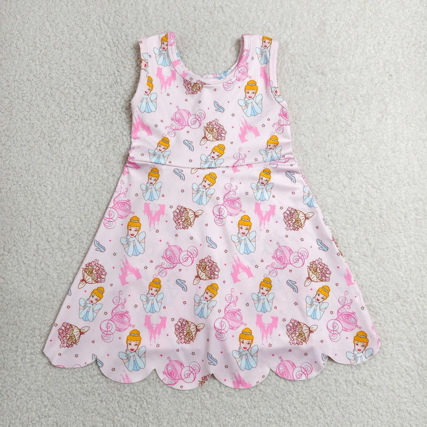 GSD2489 Cartoon Princess Girls Sleeveless Scallop Yoga Zipper Active Dress