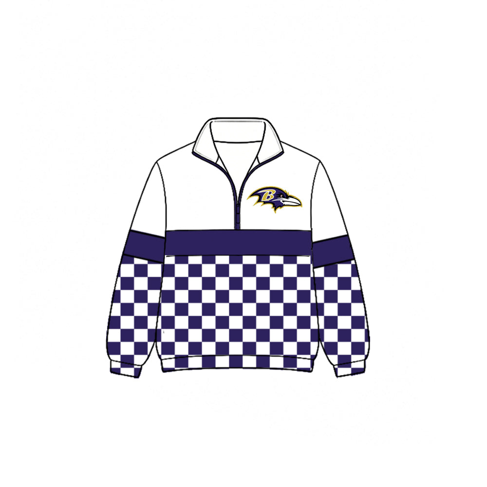 (Custom Design Preorder MOQ 5)  Teams Baltimore Ravens Plaid Print Kids & Adult Long Sleeve Zipper Pullover Jacket
