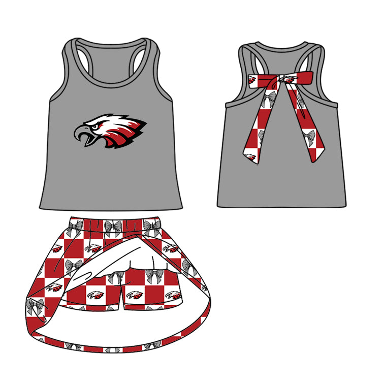 (Custom Design Preorder MOQ 5 Each Item) Teams Eagle Bows Red Plaid Print Kids Clothes Sibling & Family Matching Styles