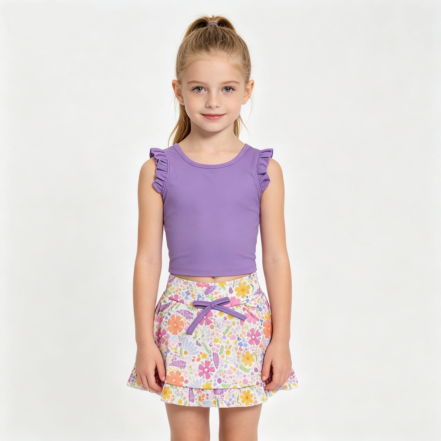 Toddler Active Outfit Purple Tank Top with Floral Skort Yoga Set