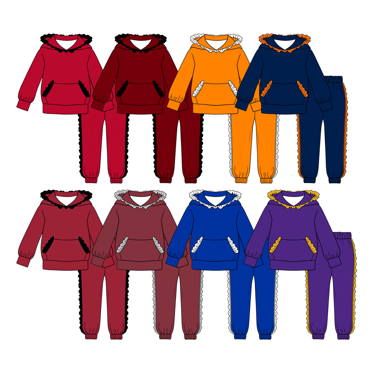 (Custom Design Preorder MOQ 5 Each)Teams Blank Cotton Long Sleeve Hoodie Top Pants Girls Ruffles Clothes Set Sisters Wear