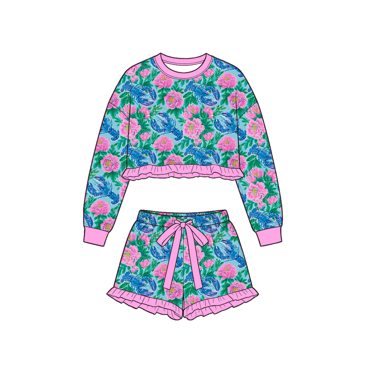 (Custom Design Preorder MOQ 5 Each)Seaweed Flowers Crayfish Print Long Sleeve Top Shorts Girls Clothes Set Sisters Wear