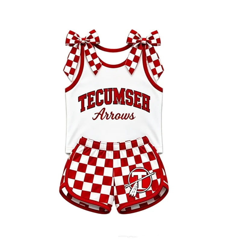 Preorder (moq 5) Baby Girls Tecumseh Sleeveless Top With Red Checked Short Team Clothes Sets