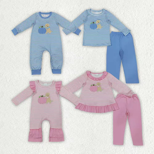 Sibling Baby Girls Boys  Embroidery Pumpkin Puppy Striped Outfit and Romper