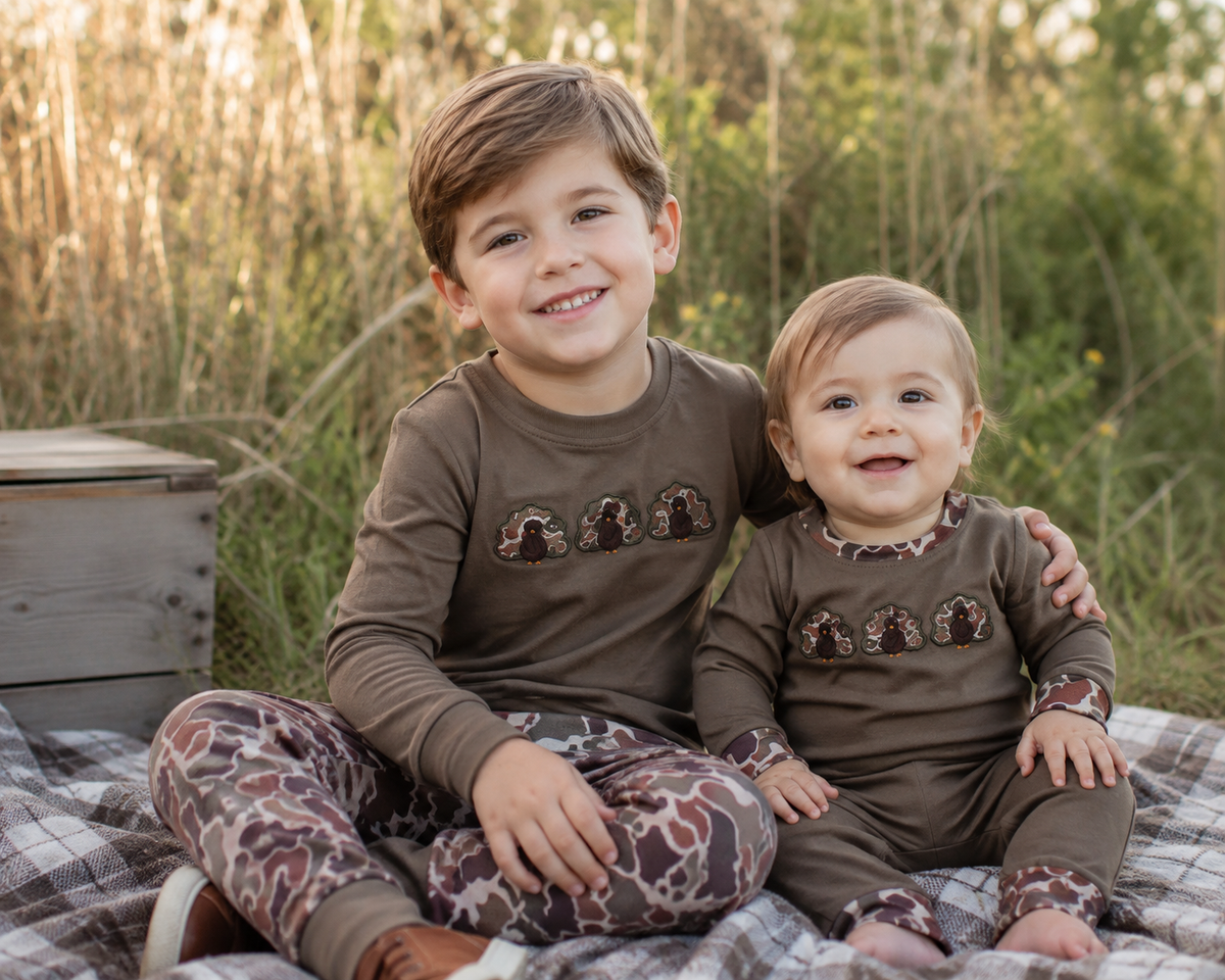 Sibling Baby Boys Embroidery  Turkey Camo Pants Outfit and Romper