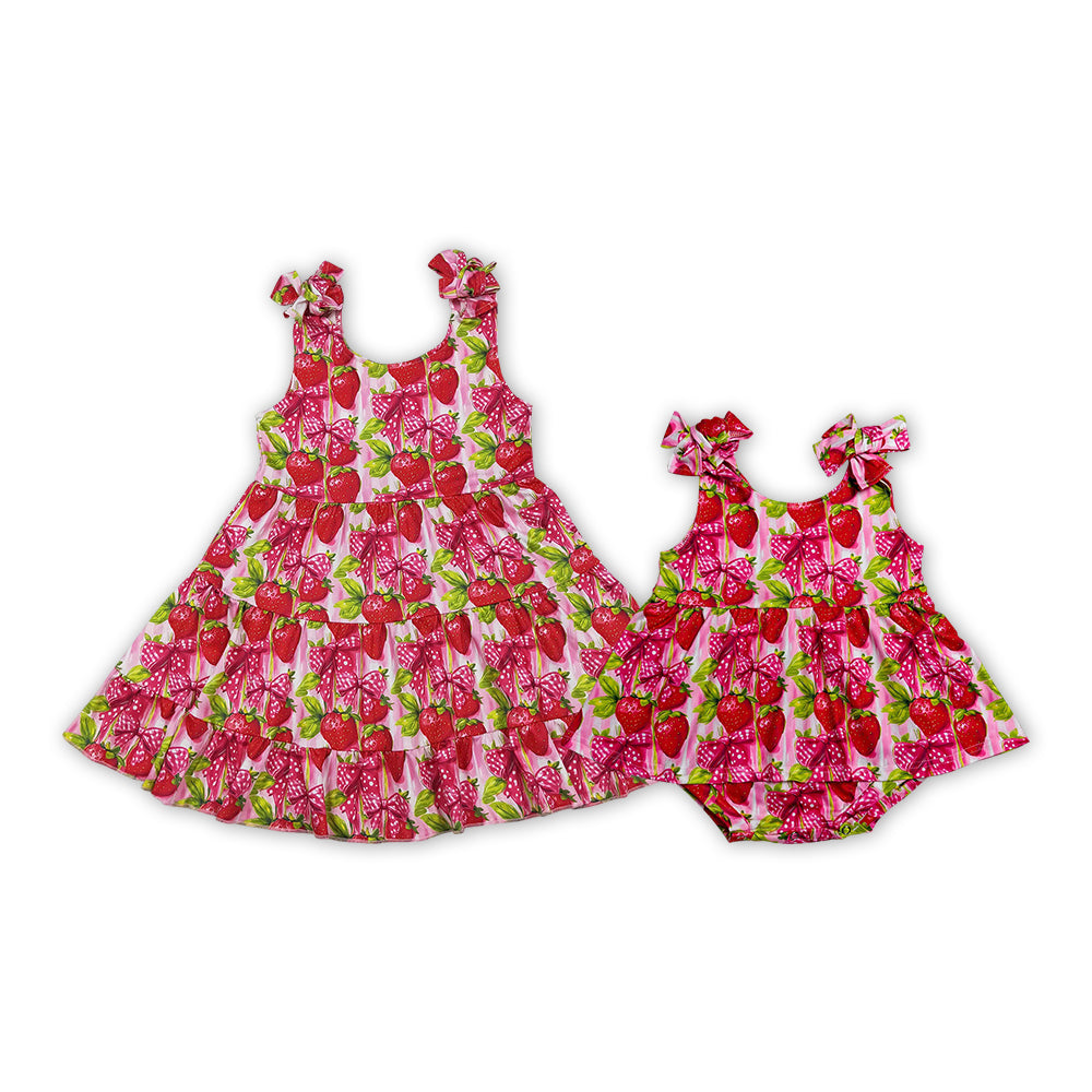 Sibling Baby Girls Summer Strawberry Dress and Bubble Romper