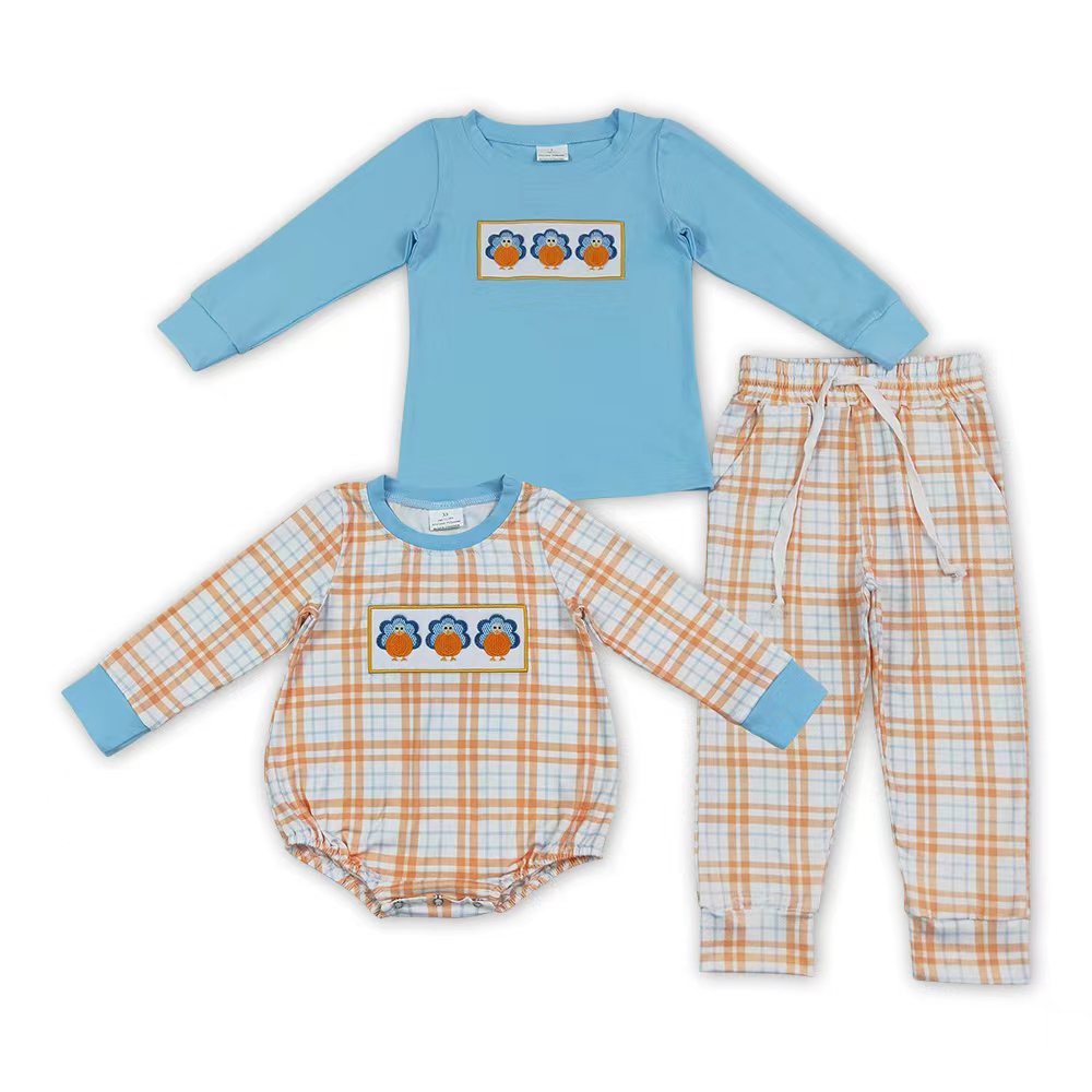 Sibling Baby Boys Embroidey Pumpkin Turkey Top Plaid Pants Set Romper