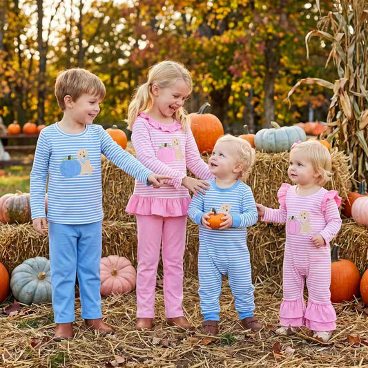 Sibling Baby Girls Boys  Embroidery Pumpkin Puppy Striped Outfit and Romper