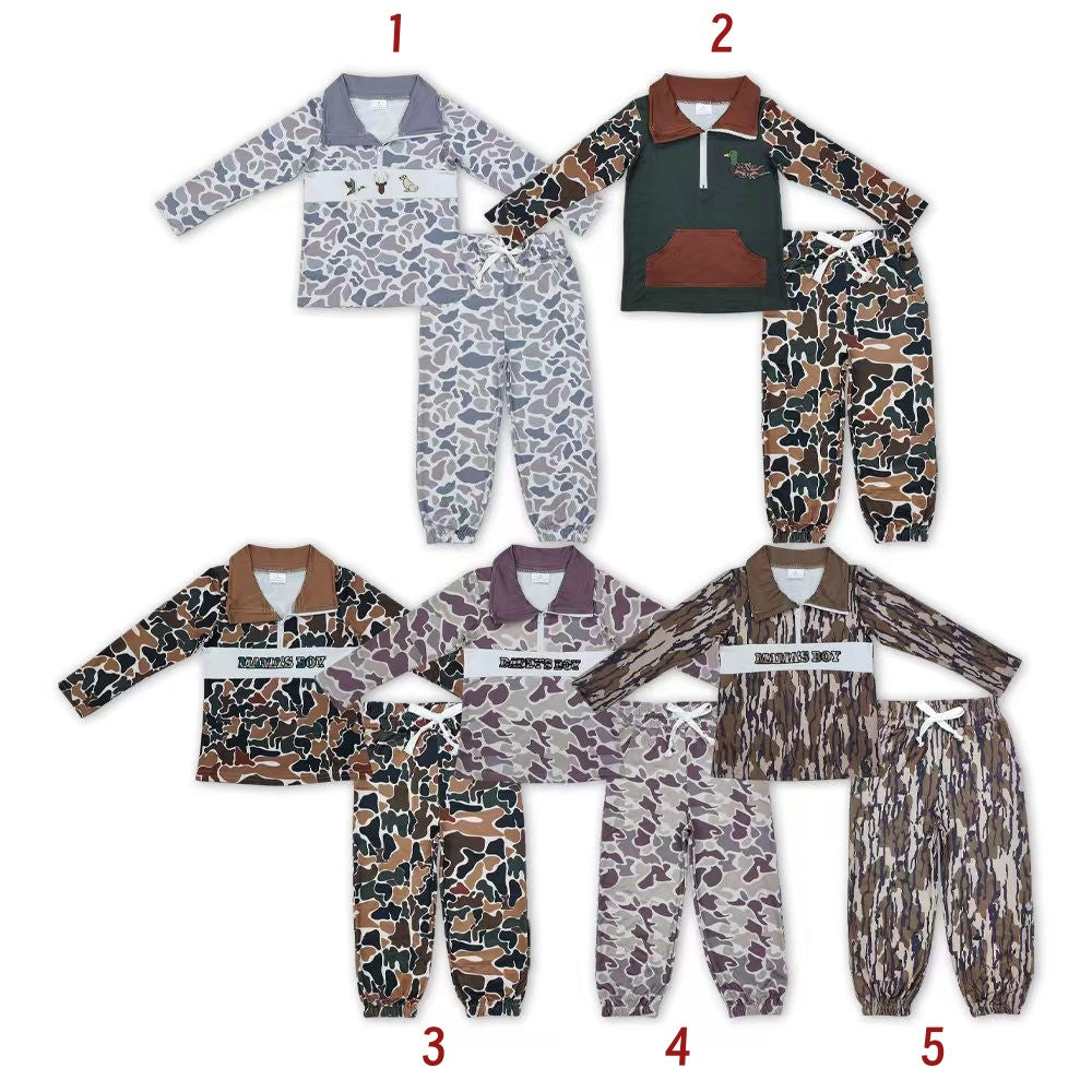 Sibling  baby Boys Camo Embroidery Duck Dog Zipper Pullover Top Jogger Hunting Outfit