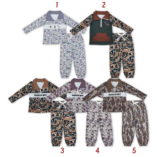 Sibling  baby Boys Camo Embroidery Duck Dog Zipper Pullover Top Jogger Hunting Outfit