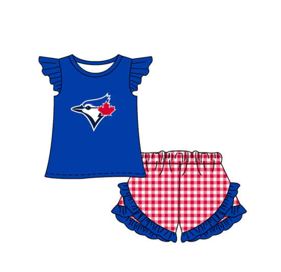 (Custom  Preorder MOQ 5) Baby Girls Toronto Blue Jays Top Checked Ruffle Short Team Outfit