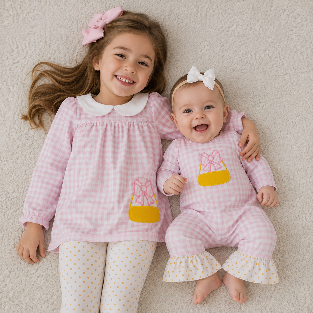 Sibling Baby Girls halloween Embroidery Candy Corn Tunic Top Outfit and Romper