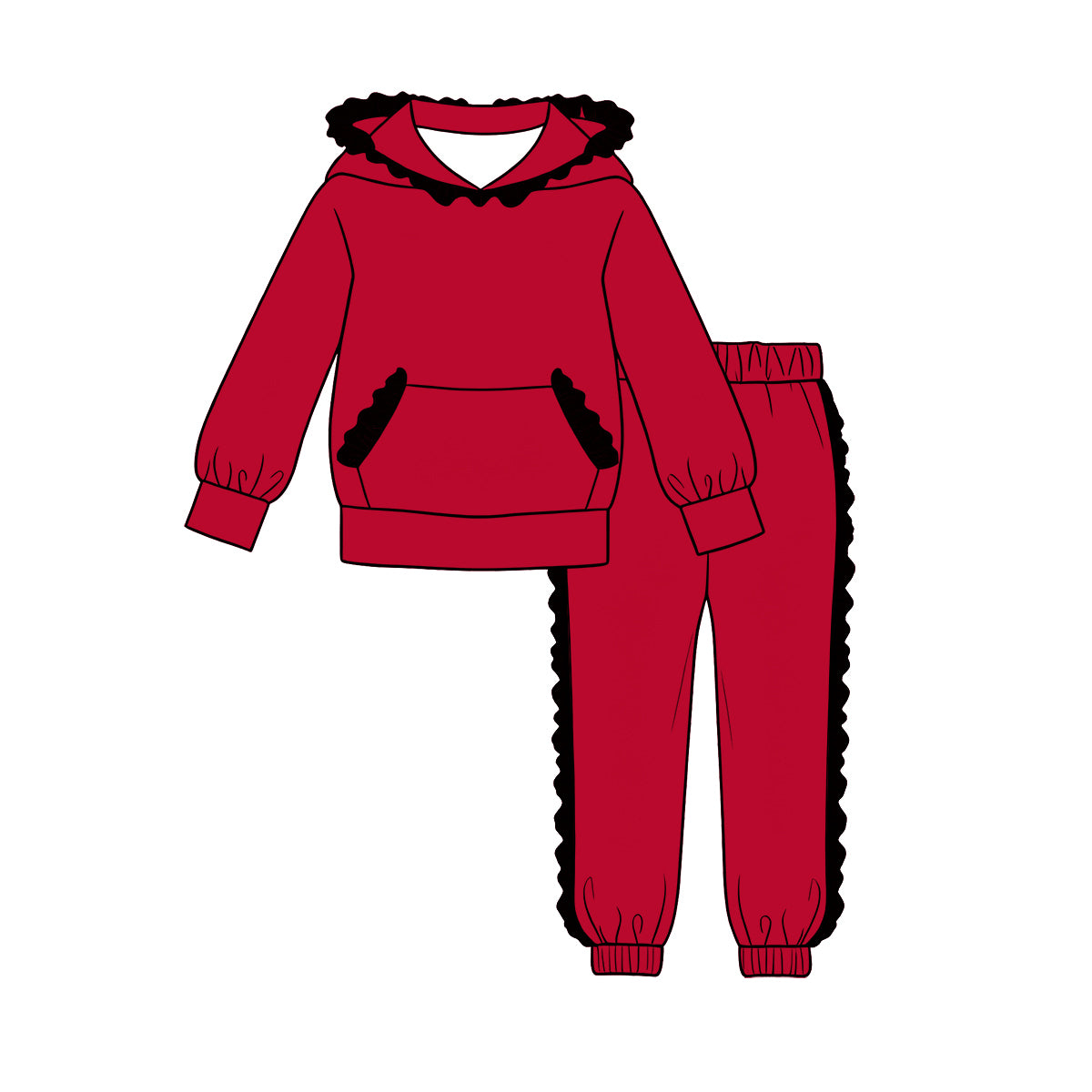 (Custom Design Preorder MOQ 5 Each)Teams Blank Cotton Long Sleeve Hoodie Top Pants Girls Ruffles Clothes Set Sisters Wear