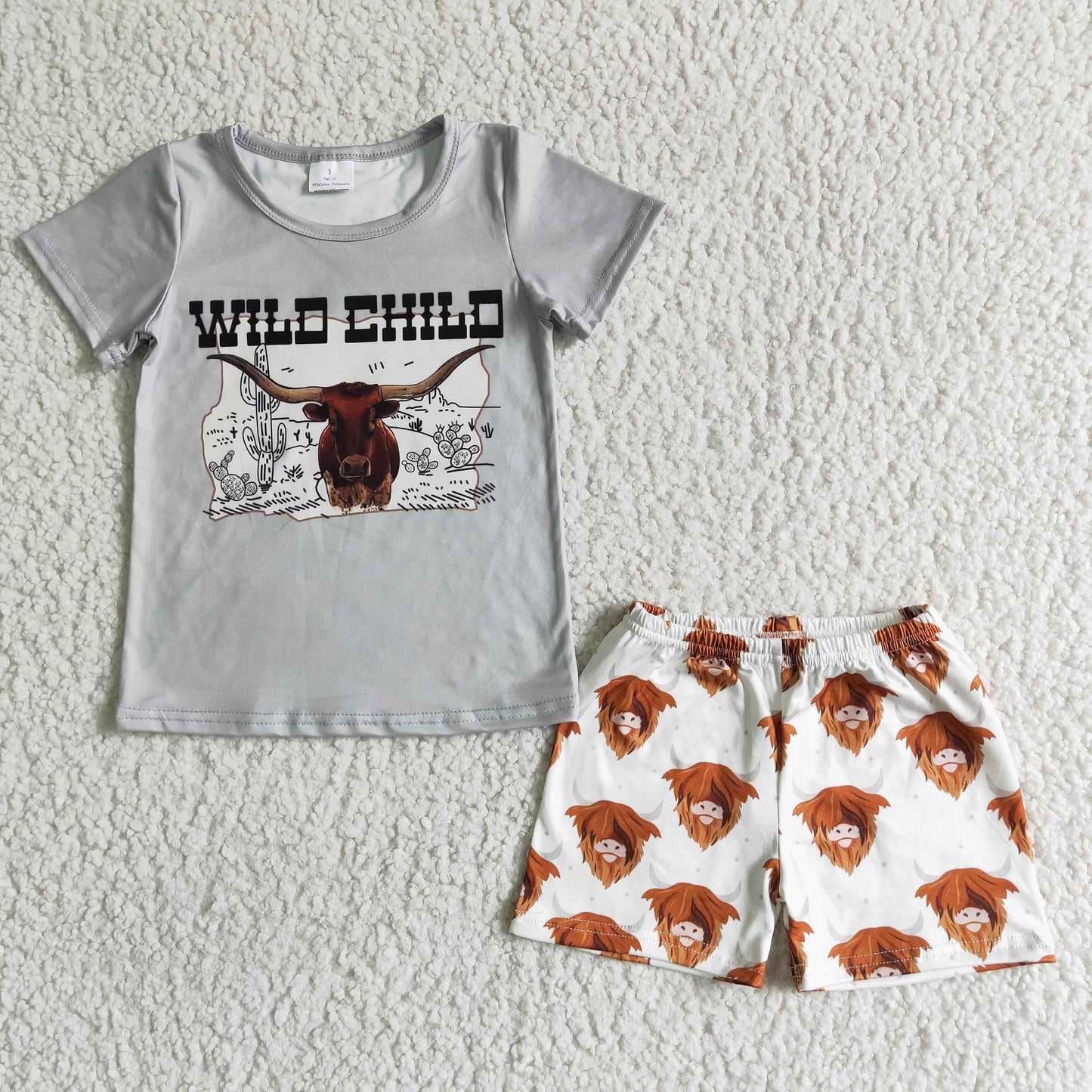 BSSO0004 Wild child highland cow print boys summer outfits