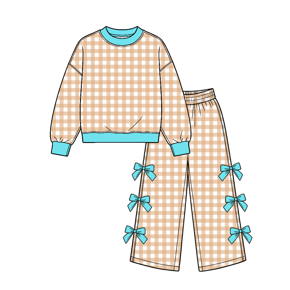 (Custom Design Preorder MOQ 5 Each) Checkered Print Long Sleeve Top Wide Leg Pants with Side Bows Girls Clothes Set Sisters Wear
